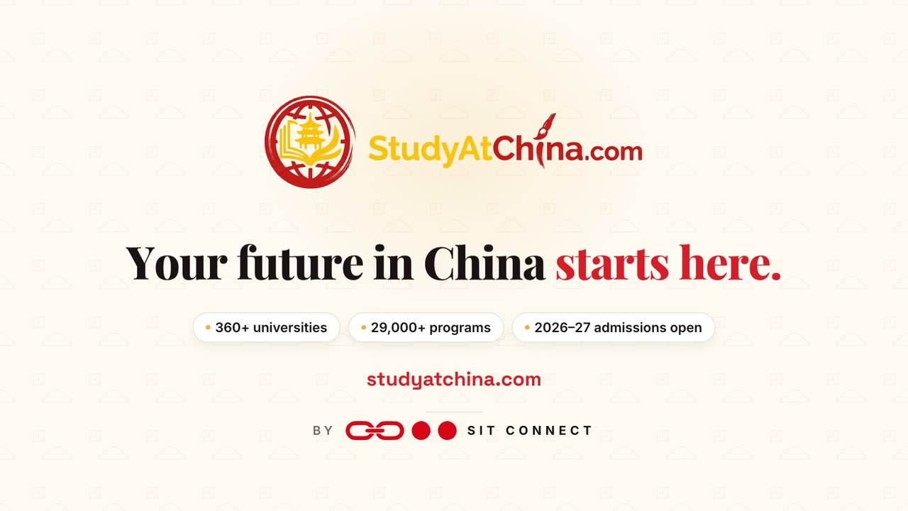 Promotional video about studying in China: a red envelope with an admission seal, lanterns lighting up for each application step, and student cities across China.